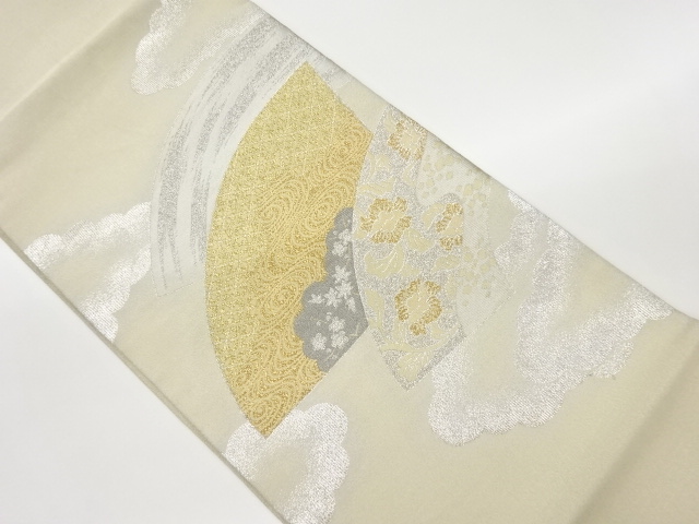 リサイクル　地紙に雲・流水・花唐草模様織出し袋帯